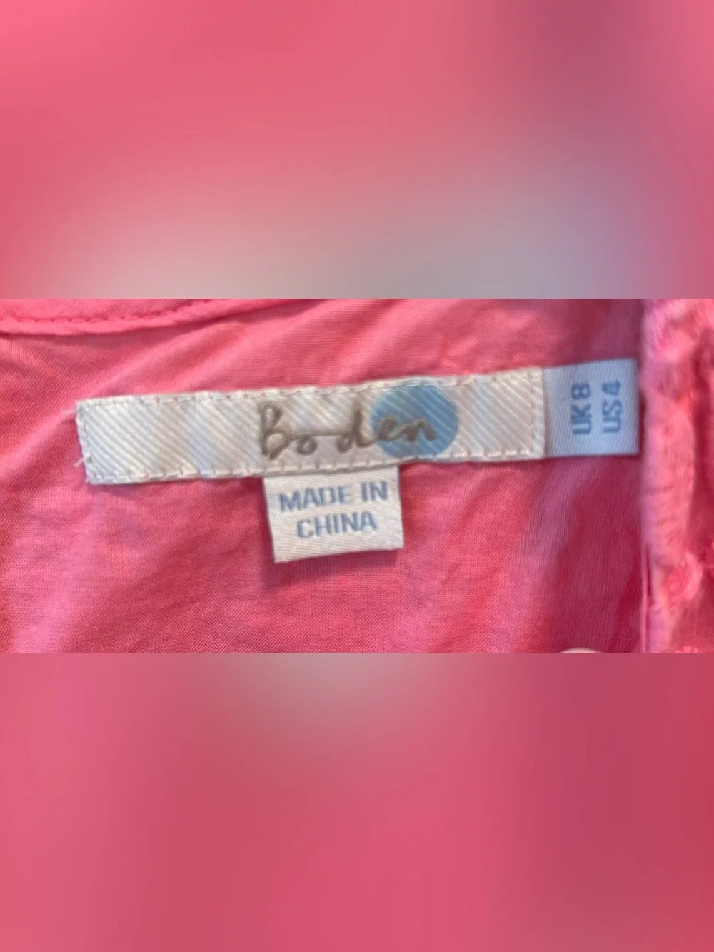 Boden Pink Floral Embroidered Cotton Organza Top Sheer 3/4 Sleeve Blouse Size 4